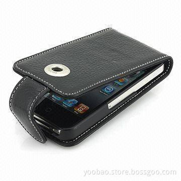 Genuine Black Leather Case for Apple iPhone 4 with Magnetic Clip Closure